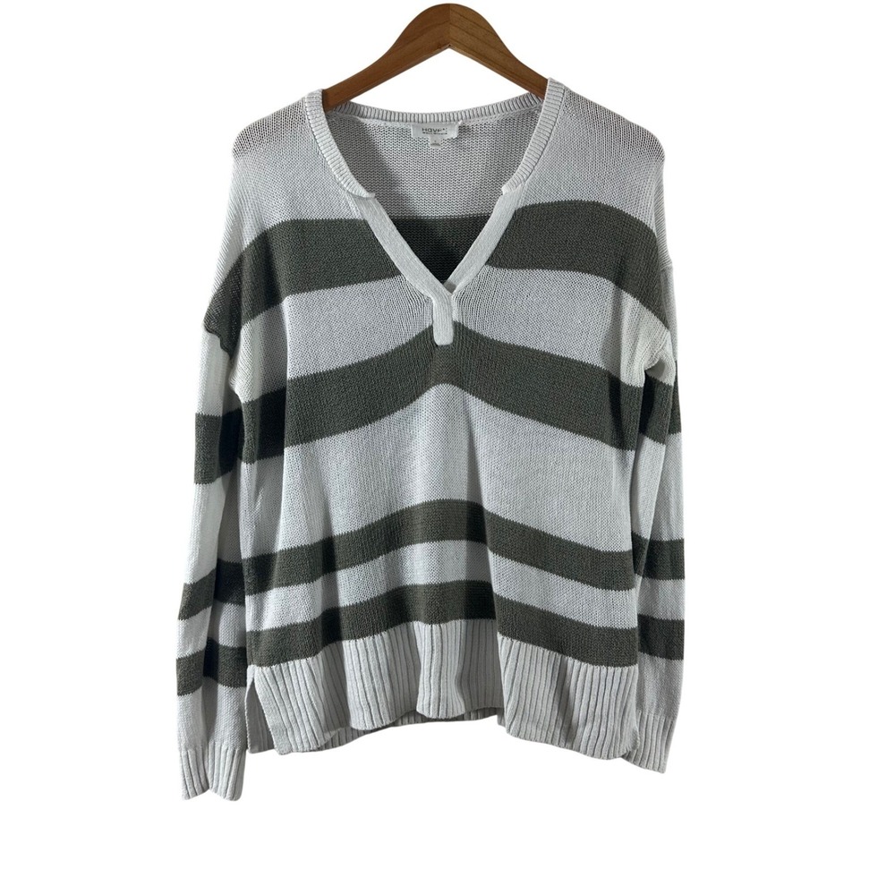 Haven Well Within Linen Organic Cotton Striped V-Neck Sweater White Green Size S